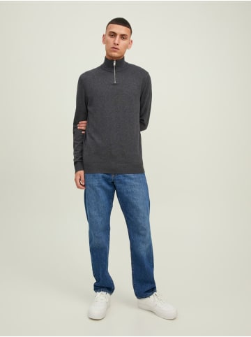 Jack & Jones Dünner Strickpullover Half Zip Stehkragen Sweater JJEEMIL in Dunkelgrau