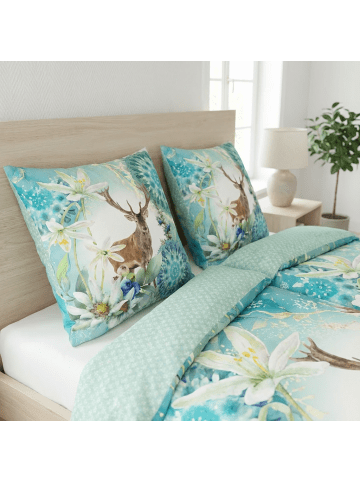 Traumschloss Satin Bettwäsche - Xela - Mandalas mit Hirsch, grün, blau in blau