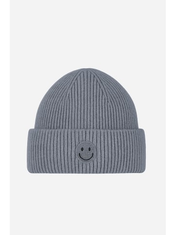 Faera Strickmütze mit Smiley und feinem Rippenstrick in Grau
