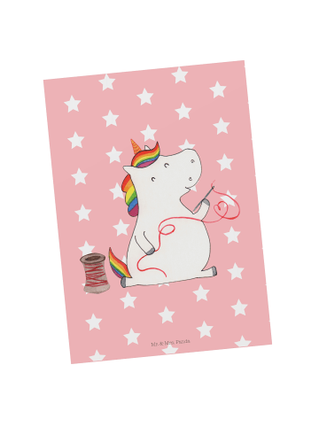 Mr. & Mrs. Panda Postkarte Einhorn Näherin ohne Spruch in Rot Pastell