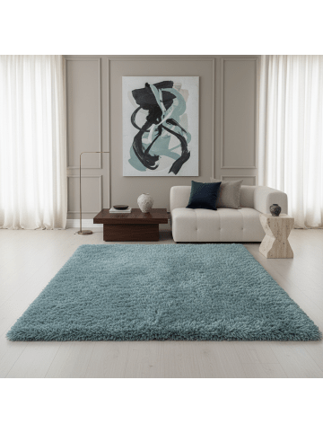 KADIMA DESIGN Teppich Hochflor Shaggy Waschbar Einfarbig SALZACH Strapazierfähig in Blau