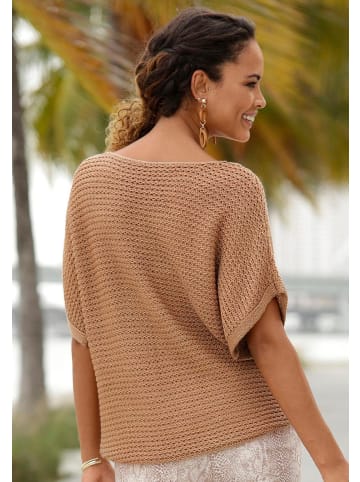 LASCANA Kurzarmpullover in camelfarben