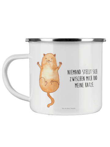 Mr. & Mrs. Panda Camping Emaille Tasse Katze Umarmen mit Spruch in Weiß