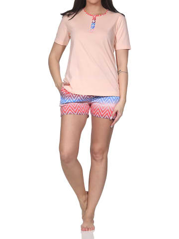 NORMANN Kurzarm Shorty Schlafanzug Pyjama Übergröße Zick Zack Muster in apricot