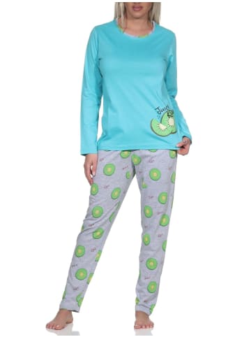 NORMANN Schlafanzug langarm Pyjama Pyjamahose Kiwi print - 86369 in türkis