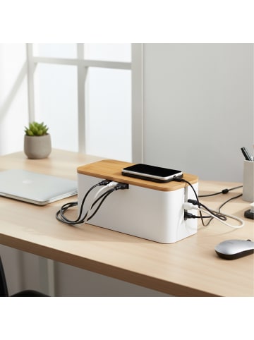 relaxdays Kabelbox in Natur/ Weiß - (B)34 x (H)14,5 x (T)11 cm