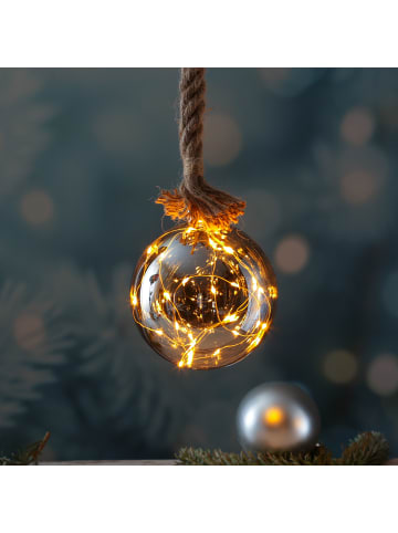 MARELIDA LED Glaskugel mit Juteseil beleuchtet mit Timer D: 14cm in grau