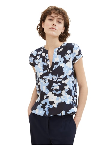 Tom Tailor Gemusterte Kurzarm Bluse V-Ausschnitt Top aus Viskose in Blau