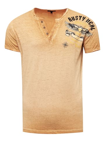 Rusty Neal V-Neck T-Shirt Verwaschen mit Seitlichem Print in Camel