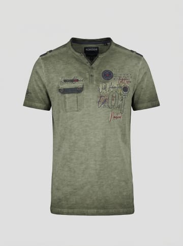 KOROSHI Henley cotton print-emb washed t-shirt in khaki