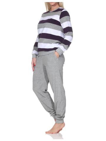 NORMANN Frottee Schlafanzug langarm Bündchen Blockstreifenoptik in lila