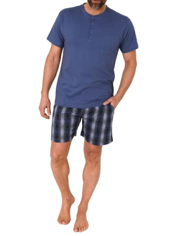 NORMANN Kurzarm Schlafanzug Shorty karierter Jersey Hose - 78361 in marine