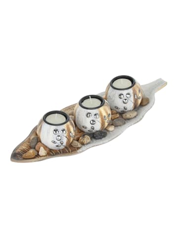 relaxdays Teelichthalter in Braun/ Weiß - (B)38 x (H)7 x (T)14 cm