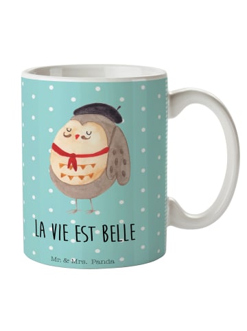 Mr. & Mrs. Panda Kaffeebecher Eule Frankreich mit Spruch in Türkis Pastell