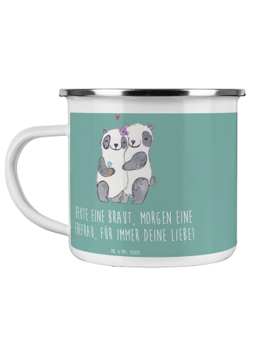 Mr. & Mrs. Panda Camping Emaille Tasse Braut Liebe mit Spruch in Meeresbrise