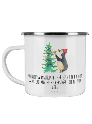 Mr. & Mrs. Panda Emaille Tasse Pinguin Weihnachtsbaum mit Spruch in Weiß