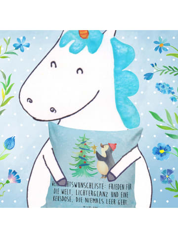 Mr. & Mrs. Panda Deko Kissen Pinguin Weihnachtsbaum mit Spruch in Eisblau