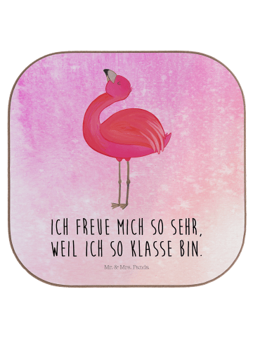 Mr. & Mrs. Panda Holzuntersetzer Flamingo Stolz mit Spruch in Aquarell Pink