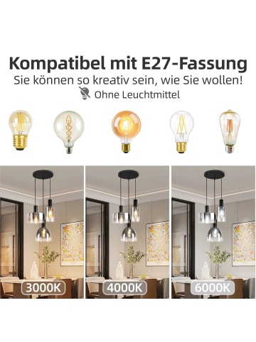 ZMH Pendelleuchte in rauchgrau 3-flammige E27 Glas rund Vintage H 150cm