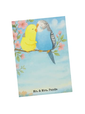 Mr. & Mrs. Panda Postkarte Wellensittich Liebe Design ohne Spruch in Weiß