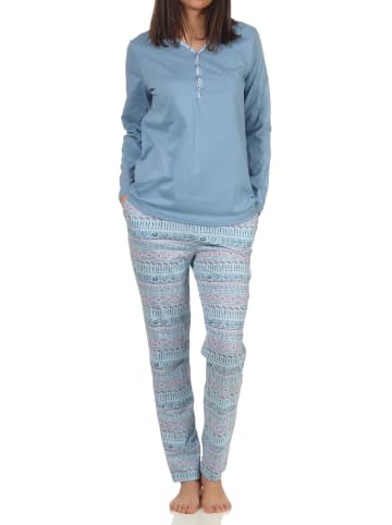 NORMANN Langarm Schlafanzug Pyjama Bündchen Ethnolook Übergröße in hellblau