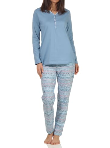 NORMANN Langarm Schlafanzug Pyjama Bündchen Ethnolook Übergröße in hellblau