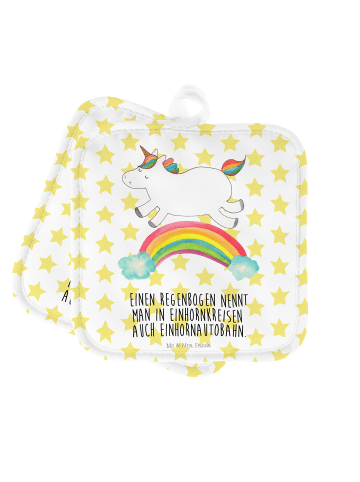 Mr. & Mrs. Panda 2er Set Topflappen  Einhorn Regenbogen mit Spruch in Weiß