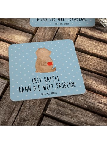 Mr. & Mrs. Panda Tassenuntersetzer Bär Kaffee mit Spruch in Blau Pastell