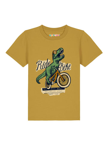 wat? Apparel T-Shirt T-Rex Fahrrad in Ocker