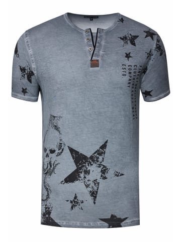 Rusty Neal Rundhals Henley T-Shirt mit Prints und Knopfleiste in Anthrazit