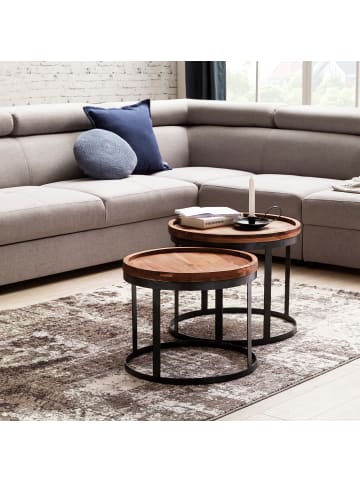 KADIMA DESIGN Beistelltisch-Set Massiv | 2 Runde Tische, Metallgestell in Braun