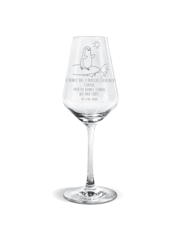 Mr. & Mrs. Panda Weißwein Glas Pinguin Surfer mit Spruch in Transparent