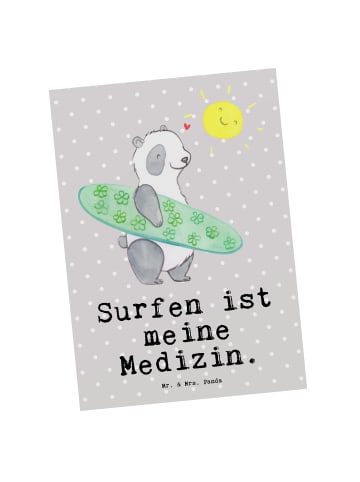 Mr. & Mrs. Panda Postkarte Panda Surfen mit Spruch in Grau Pastell