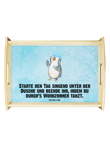 Mr. & Mrs. Panda Serviertablett Pinguin Duschen mit Spruch in Eisblau