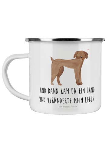 Mr. & Mrs. Panda Camping Emaille Tasse Hund Dogge mit Spruch in Weiß