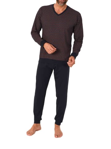 NORMANN Langarm Schlafanzug Pyjama Bündchen V-Hals in navy