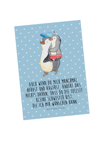 Mr. & Mrs. Panda Postkarte Pinguin Kleine Schwester mit Spruch in Blau Pastell