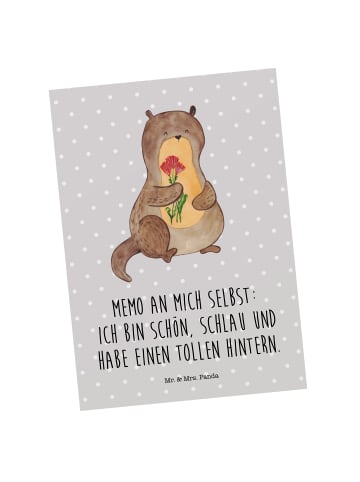 Mr. & Mrs. Panda Postkarte Otter Blumenstrauß mit Spruch in Grau Pastell