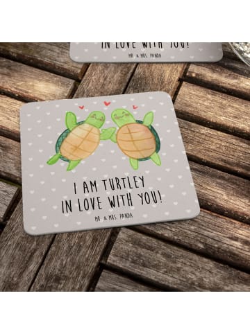 Mr. & Mrs. Panda Getränkeuntersetzer Schildkröten Paar mit Spruch in Grau Pastell