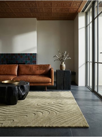 KADIMA DESIGN Teppich Wolle Handgetuftet LEVEN Wellen Abstrakt Wohnzimmer Modern in Olivegrün