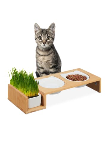 relaxdays Katzen Futterstation in Natur/ Weiß - (B)47,5 x (H)8,5 x (T)19 cm