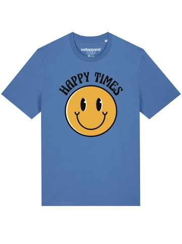 wat? Apparel T-Shirt Happy times smiley emoji in Bright Blue