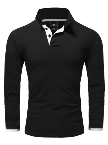 Amaci&Sons Langarm Kontrast Poloshirt CHARLOTTE in Schwarz/Weiß