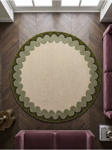 KADIMA DESIGN Wollteppich fussbodenheizung-geeignet WAVENEY handgetuftet retro in Olivgrün