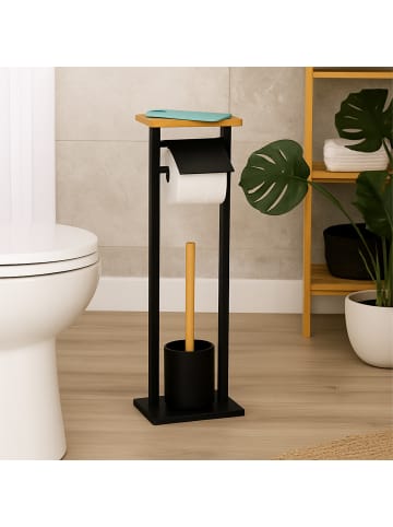 relaxdays WC-Garnitur in Schwarz/ Natur - (B)20 x (H)73,5 x (T)20 cm