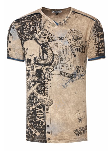 Rusty Neal V-Neck T-Shirt mit All Over Skull X Snake Print und Wildleder-Details in Olive