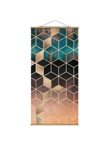 WALLART Stoffbild - E. Fredriksson - Türkis Rosé goldene Geometrie in Türkis