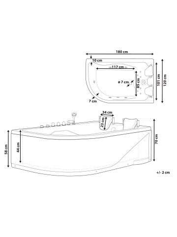 Beliani Eckbadewannen CALAMA in Weiß/Schwarz/Silber - (W) 120 x (H) 70 x (L) 180 cm