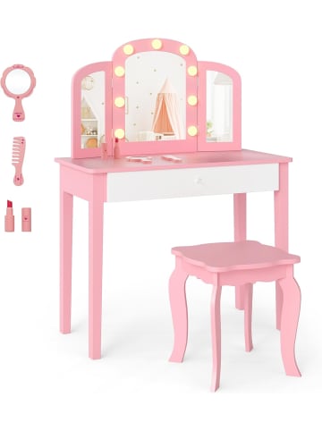 COSTWAY 2 in 1 Kinder Schminktisch mit Beleuchtung ab 3 Jahren in Rosa
