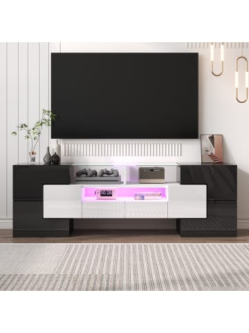 ABRIHOME TV-Schrank in Schwarz Hochglanz 145 cm mit LED Beleuchtung und Glasoberfläche